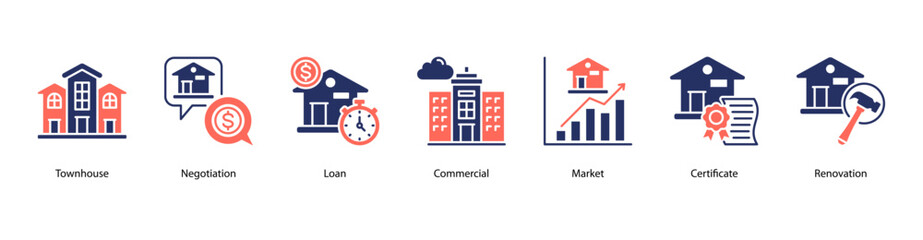 Real Estate Transactions web banner icon vector illustration featuring Townhouse, Negotiation, Loan, Commercial, Market, Certificate, and Renovation. © Dewi Sari
