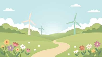 Eco-friendly landscape with wind turbines in a flower meadow. Vector illustration of renewable green energy, sustainable environment, and clean technology concept in a flat design