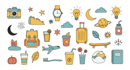 Collection of travel and leisure themed doodle illustrations and icons. © creations sanddollar