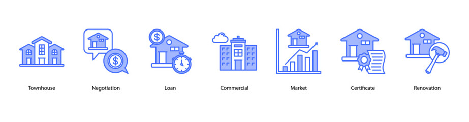 Real Estate Transactions web banner icon vector illustration featuring Townhouse, Negotiation, Loan, Commercial, Market, Certificate, and Renovation. © Dewi Sari
