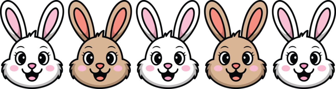 A rabbit cartoon illustration with five happy bunny faces in a row