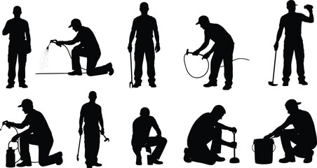 Pest control worker silhouettes spraying chemicals, handling equipment, applying treatments, professional exterminators using tools, insect management, rodent prevention, fumigation activities © MSTIRIN
