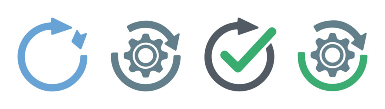 Set of four icons representing process, workflow, completion, and automation with gears and check marks
