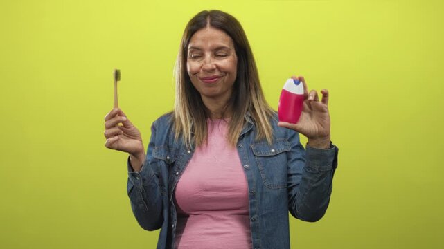 Woman holds wooden toothbrush and pink toothpaste dispenser, fingers grasping both items while smiling against lime green studio wall; oral care playful.