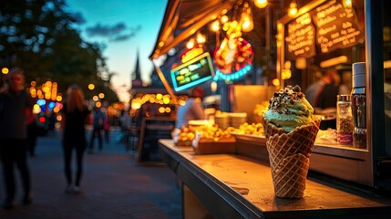 Fototapeta premium Delicious frozen dessert with nuts sits prominently on a brightly lit outdoor food stall counter at dusk