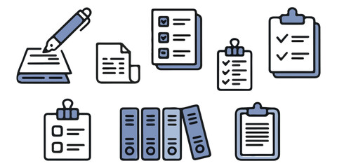 Blue and grey icons representing office documents, stationery, and organizational tools