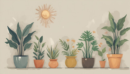 Obraz premium Minimal Nature Illustration with Plants and Sun – Calm Lifestyle Background