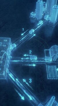 Holographic Blueprint Supply Chain Animation Showing Logistics Routes Between City Warehouse and Factory