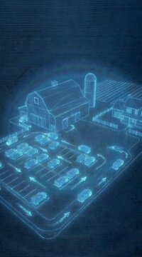 Holographic Wireframe Farm with Barn and Silo Agricultural Logistics Animation on Dark Background