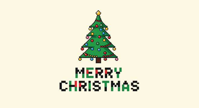 Pixel art holiday greeting shows a decorated Christmas tree with a golden star on top and the message Merry Christmas in colorful block letters.