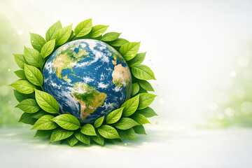Earth surrounded by green leaves representing sustainability, ecology and environmental protection concept、葉に包まれた地球　環境保護とサステナビリティを象徴するエコロジーコンセプト背景