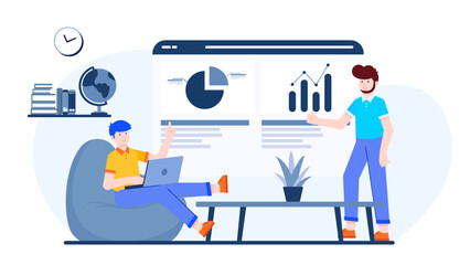 Two male entrepreneurs reviewing data analytics on a large screen while working in a lounge area