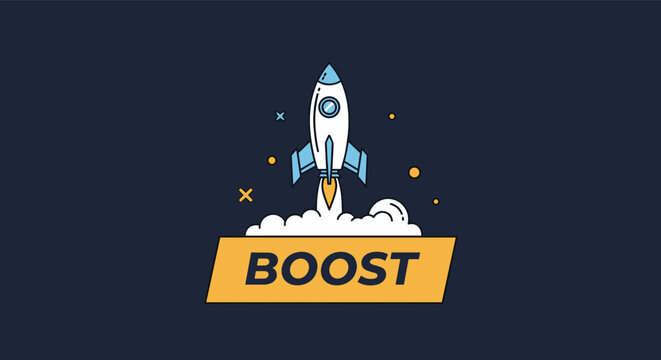 Modern rocket launch illustration features a white spaceship taking off with a cloud of smoke and the word boost to represent growth.