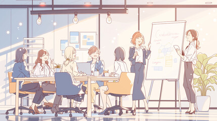 Business team meeting and presentation in modern office, teamwork and communication concept illustration、オフィスでプレゼンテーションを行うビジネスチーム　会議とチームワークのコンセプトイラスト