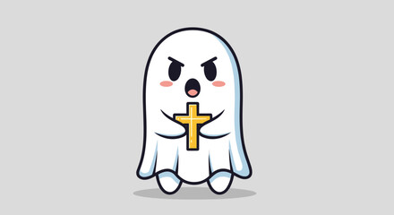 Fototapeta premium Angry ghost character holding a golden cross stands ready to ward off evil for a funny and spiritual Halloween themed graphic design.