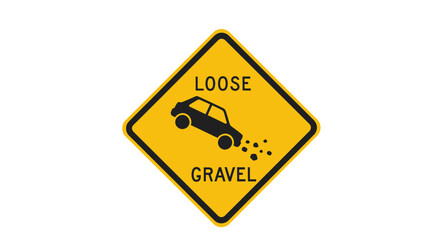 Obraz premium Warning sign for loose gravel road with vehicle illustration on a yellow diamond-shaped sign