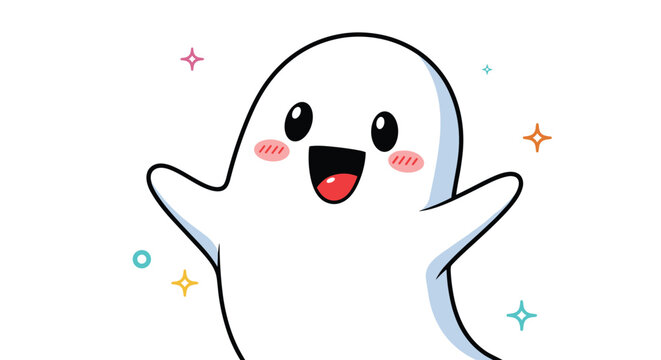 Happy little ghost character floats with its arms spread wide and a large joyful smile under sparkling stars against a white background.