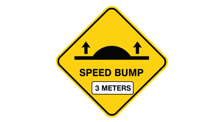 Yellow road sign with black border and text indicating a speed bump ahead on a road
