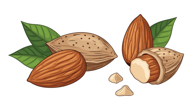 Detailed illustration of almonds including whole nuts in shells, shelled kernels, and green leaves for healthy snack packaging design.