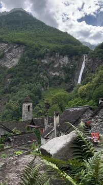 Foroglio Waterfall Bavona Valley traditional stone houses village Rustici Switzerland