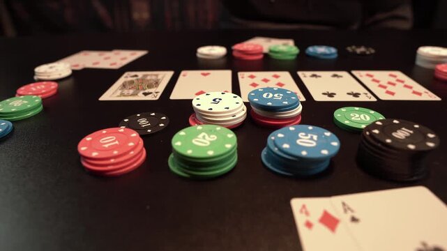 Texas Holdem Poker Game, Showing Cards and Chips on Table, Close Up