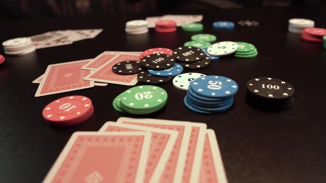 Playing Five Card Draw Poker Game, Chips and Cards on Gaming Table