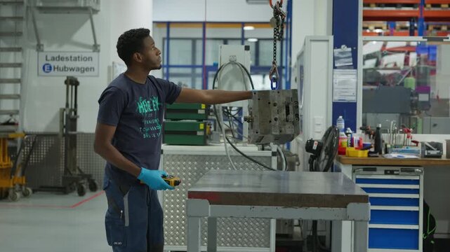 University engineering workshop in Germany. Student technician uses remote to control overhead crane lifting a metal component. Industrial training and career aspirations