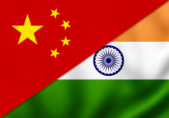 Obraz premium Flags of China and India, national symbols of two large Asian countries