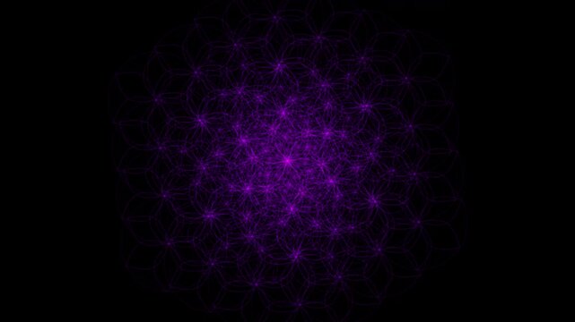 4K UHD seamless looping Flower of Life grid performing a hypnotic kaleidoscope motion. Ideal abstract sacred geometry background for deep trance meditation, ambient music, yoga, and frequency healing