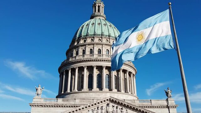 Argentine flag waving in front of the National Congress building with a blue sky and wispy clouds