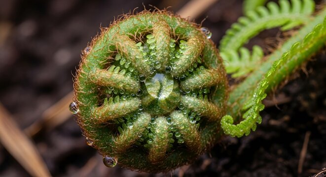 Macro Shot of Young Fern Fiddlehead Unfurling with Dew Drops