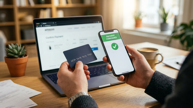 Happy satisfied man using mobile wallet for checkout payment online holding credit card with laptop computer on desk in home office workplace