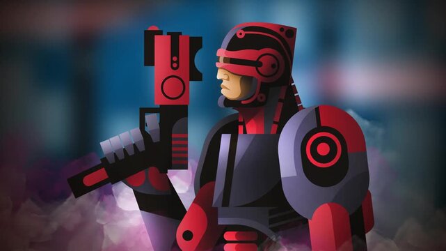 cyborg sci fi cyberpunk man walking with a gun and a visor helmet