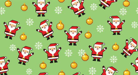 Fototapeta premium Seamless pattern of pixel art santa claus characters with golden ornaments and white snowflakes on a vibrant green background.