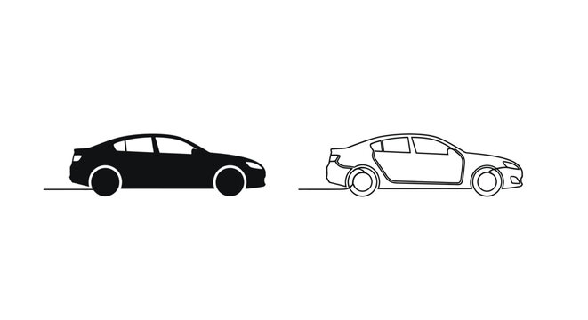 Simple illustration of a sedan car in solid black and outline forms