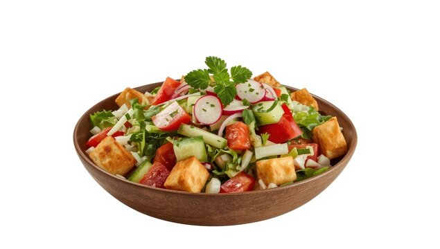 Lebanese Fattoush salad on white background, clipping path included