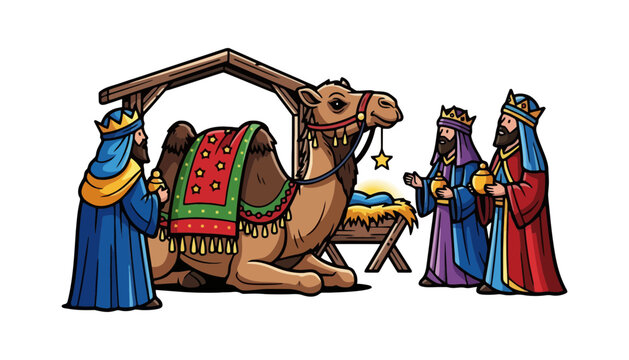 Three wise men with camel kneeling beside Jesus' manger at night