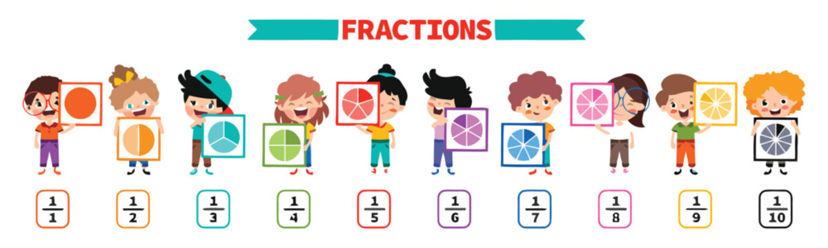 Children are learning about fractions with colorful pie charts and symbols.
