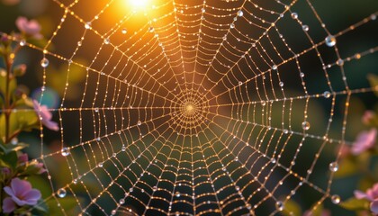 Obraz premium Spider web covered in morning dew with sunlight and purple flowers in background