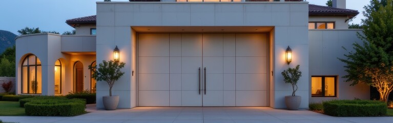 Fototapeta premium Modern luxury home exterior with large garage doors and elegant lighting at dusk
