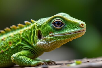 Fototapeta premium Close-up of a green iguana with textured scales and a blurred natural background.