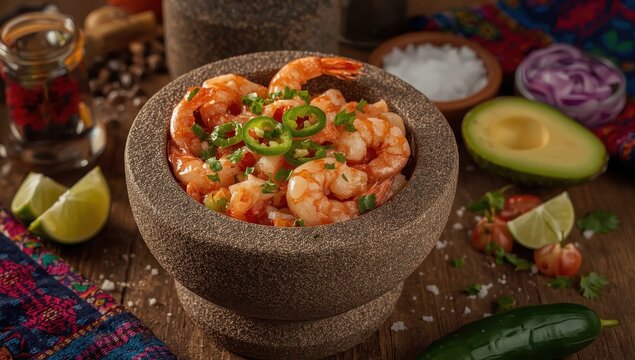 Mexican shrimp ceviche in a stone mortar