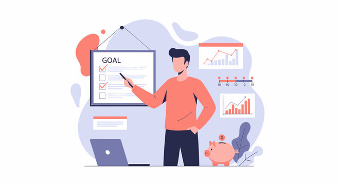 A man pointing at a goal board, illustrating business strategy and achievement.