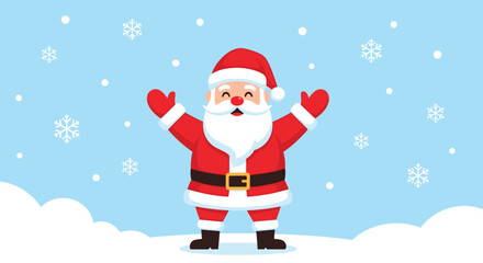 Happy Santa Claus standing in the snow with his arms raised in celebration as snowflakes fall against a light blue winter sky.
