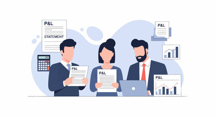 Business people analyzing profit and loss statement documents.