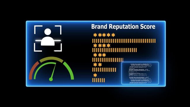 Futuristic digital dashboard showcasing a brand reputation score with a user a speedometer gauge indicating low performance, star ratings, and detailed bar graphs representing 4k background animation