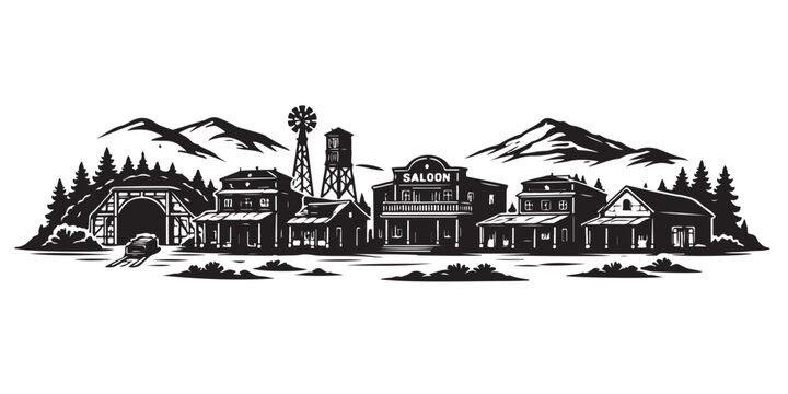 Western Gold Rush Town Silhouette, Silhouette Vector, Isolated on White Background