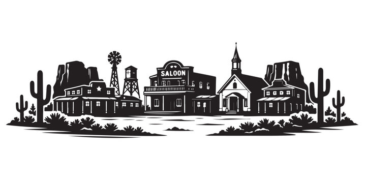 Desert Cowboy Town Silhouette, Silhouette Vector, Isolated on White Background