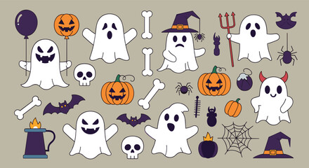 Fototapeta premium Large set of flat halloween icons featuring ghosts, pumpkins, bats, and spiders for spooky festive decorations.