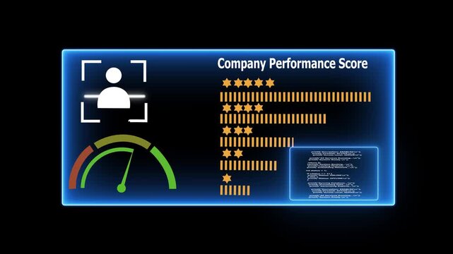 Company Performance Score Dashboard with User Profile Gauge Star Ratings and Bar Graphs on a Glowing Blue Neon Interface 4k background animation